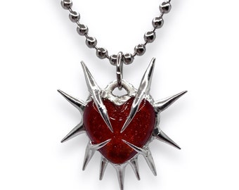 Spiky small red / dark purple glass heart pendant, handmade metal statement jewelry