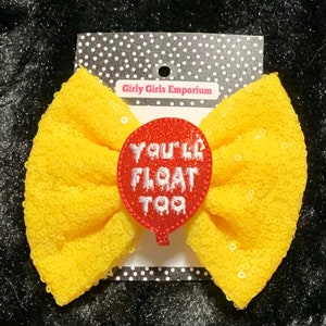 READY TO SHIP Clown Horror Hairbow, Clown Balloon Hairbows, You&#39;ll Float Hairbow, Scary Clown Piggies, Horror Baby Headband, it Clown Bows