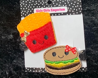 READY TO SHIP Bacon and Eggs Pigtail Set, Bacon and Egg Hairclips, Breakfast Pigtail Set, Breakfast Baby Headband, Bacon and Eggs Hairbow