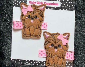 READY TO SHIP Puppy Hairclip Set, Dog Bows, Dog Headband, Yorkie Dog Hairbows, Yorkie Dog Hairclips, Yorkie Hair Clips, Dog Pigtails, Bows