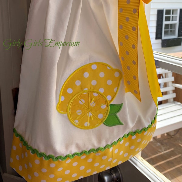 READY TO SHIP - Lemon Pillowcase Dress, Yellow Lemon Dress, Lemonade Birthday, Lemon Birthday, Lemon Hairbow, Lemon Headband, Lemon Bow