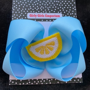 READY TO SHIP - Blue Lemon Bow / Lemon Feltie Hairbow / Lemonade Feltie Bow / Easy Peasy Lemon Squeazy / Lemon Pigtail Bows / Fruit Hairbow