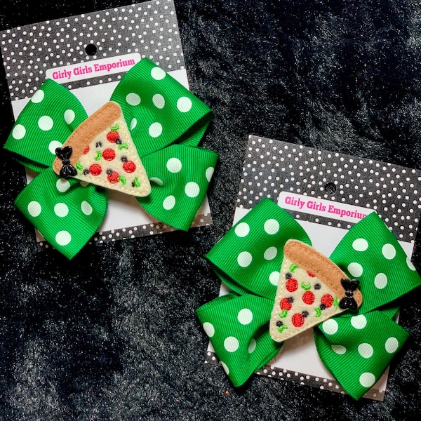 READY TO SHIP Ninja Turtle Party Pigtails, Turtle Party Hairbow, Ninja Turtle Party Hairclips, Pizza , Pizza Hair Clip, Pizza Baby Headband