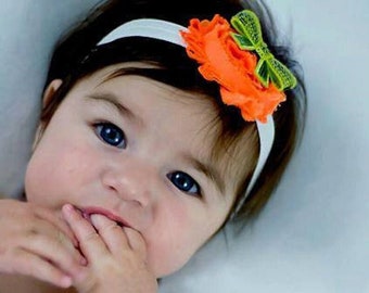 READY TO SHIP - Baby Pumpkin Headband / Fall Pumpkin Baby Bow / Newborn Halloween Headband / First Halloween Headband / Pumpkin Birthday Bow