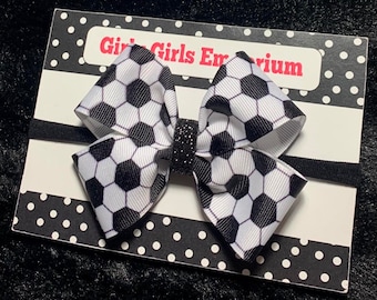 READY TO SHIP Soccer Ball Hairbows, Soccer Game Hairbows, Soccer Ball Hair Bow, Soccer Ball Pigtail Hair Bow,  Soccer Piggies, Soccer Bows
