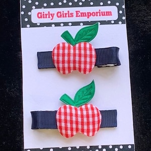 READY TO SHIP  Apple Clippie set of 2, Apple Hairclip Set, Apple Pigtail Set, Baby Apple Bows, Gingham Baby Bows, Apple Picking Bows, School