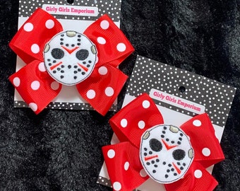 READY TO SHIP Horror Mask Hairbows, Horror Movie Pigtails, Horror Movie Girl Bows, Horror Hairclips, Horror Piggies, Jason Mask Bow, Horror