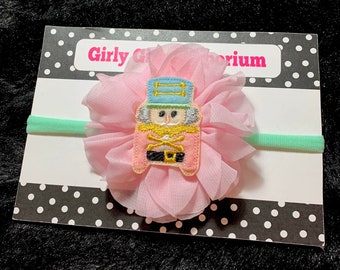 READY TO SHIP Pink Nutcracker Frilly Headband, Pink Nutcracker Headband, Christmas Pink Nutcracker Hairbow, Pink Nutcracker Baby Headband