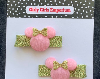 READY TO SHIP -  Glittery Pink Mouse Hairclip Set,  Pink and Gold Mouse Bow,  Pink Mouse Birthday, Gold and Pink Mouse Hair Bow