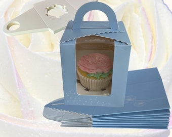 25Pcs Blue Individual Cupcake Boxes. Boy baby shower 4 inch cake box. Christening favor boxes with window & handle. Gender Reveal Party.