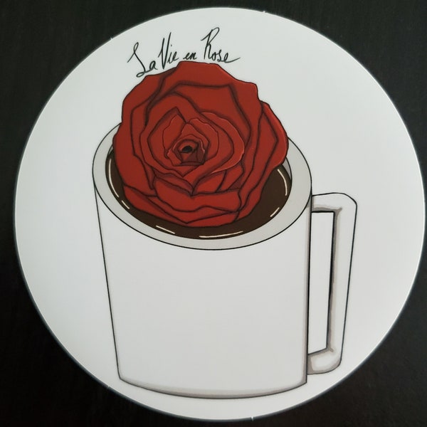 Rose in Coffee Cup, La Vie en Rose, Vinyl Sticker