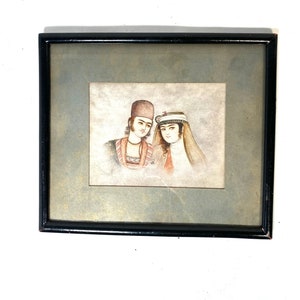 beautiful framed vintage middle eastern painting on leather