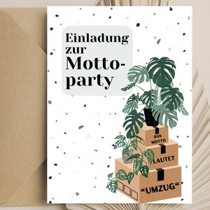 grappige ansichtkaart voor verhuizing: uitnodiging voor het themafeest