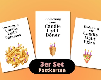 3x Candle Light Kebab, Fries and Pizza - Postcard