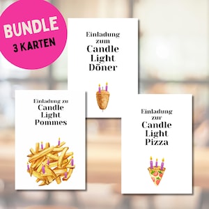 May include: A set of three white cards with illustrations and text. The cards feature images of a doner kebab, french fries, and pizza, each with lit candles. The text reads "Candle Light" and "Einladung". A pink circle says "BUNDLE 3 KARTEN".
