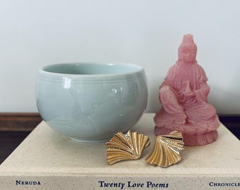 Vintage Palest Blue Celadon Jewelry Lidded Box with Tsuru (Flying Crane)