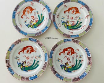 Vintage Chinese Dragon & Phoenix Porcelain Plates Set of 4 | Chinoiserie