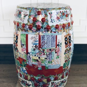 1980 Vintage Oriental Famille Rose Mixed Color Porcelain Table Stool | Chinoiserie