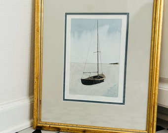 Vintage Sailboat Lithograph With Golden Frame