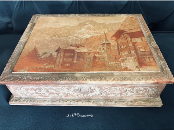 Large Vintage Incolay Stone Box With a Detailed Scenery of Zermatt