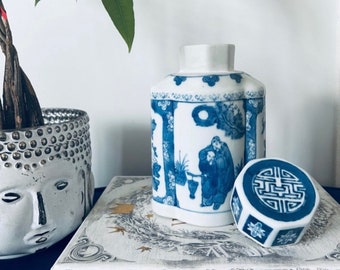 Chinese Blue & White Hand-Crafted Ceramic Lidded Canister 8”