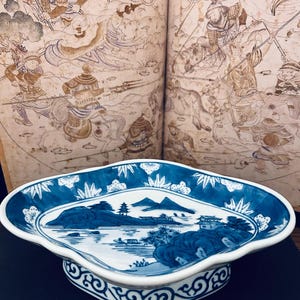 Vintage Chinese Blue & White Porcelain Pedestal Dish | Chinoiserie