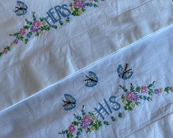 Vintage pillowcases/ embroidered pillowcases/ vintage embroidered pillowcases/ his and her pillowcases/ pillow covers/ wedding gift