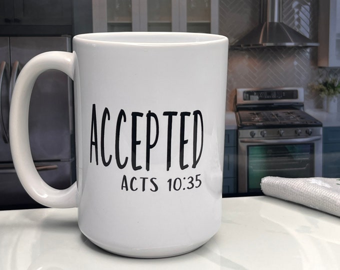 Featured listing image: Accepted Mug| Coffee Mug, Christian Coffee Mug, Scripture, Bible Verse, Christian Mug, Positive Coffee Mug, motivational gift,, gift for her