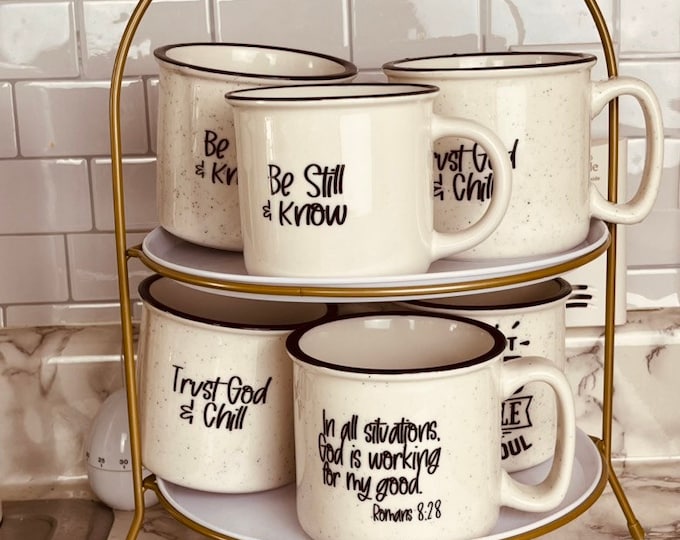 Featured listing image: In all Situations, God is working for my Good Camper Mug ,Christian Mug ,Bible Verse Mug ,Positive Coffee Mug , gift for her, coffee mug