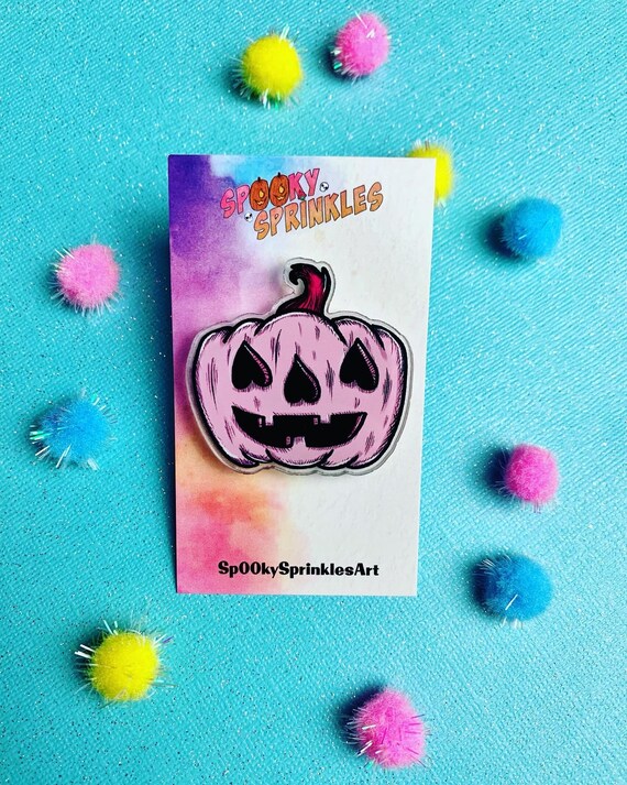 Valentine Cute Pink Jack O Lantern Love Halloween Pastel Goth Acrylic Art  Pin 