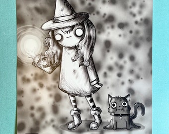 Magical witch girl black cat Halloween black and white semi gloss poster print