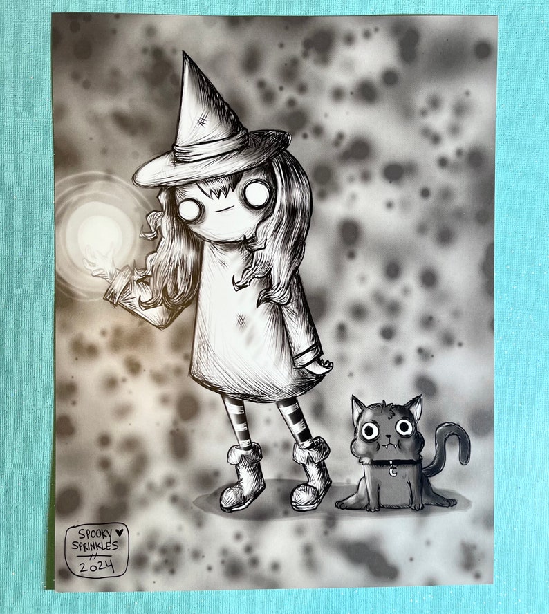 Magical witch girl black cat Halloween black and white semi gloss poster print image 1
