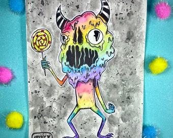 Rainbow monster cutie watercolor and ink original art