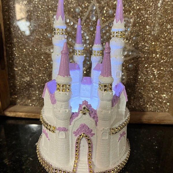 Cinderella castle  wedding quince cake topper lighted  9 h x 6 w   Lavander