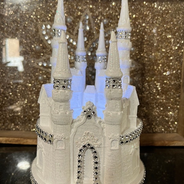 Cinderella castle  wedding quince cake topper lighted  9 h x 6 w  baby blue