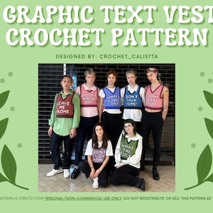 May include: A group of people wearing crocheted vests with different phrases on them. The vests are in various colors, including pink, blue, green, and brown. The phrases on the vests include "Leave Me Alone", "Don't Know Shit", "What's Coin? Con", "Don't Talk To Me", "Don't Get Stuff", "Don't Tour At Me", and "What The Fuc".