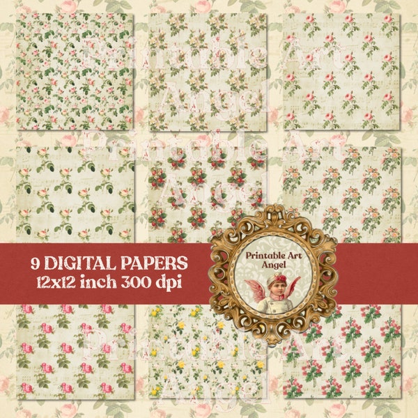 Set of 9 Digital Scrapbook Vintage Floral Papers, Shabby Backgrounds with Victorian Pink Roses, Flowers & Musical Notes, Instant Download