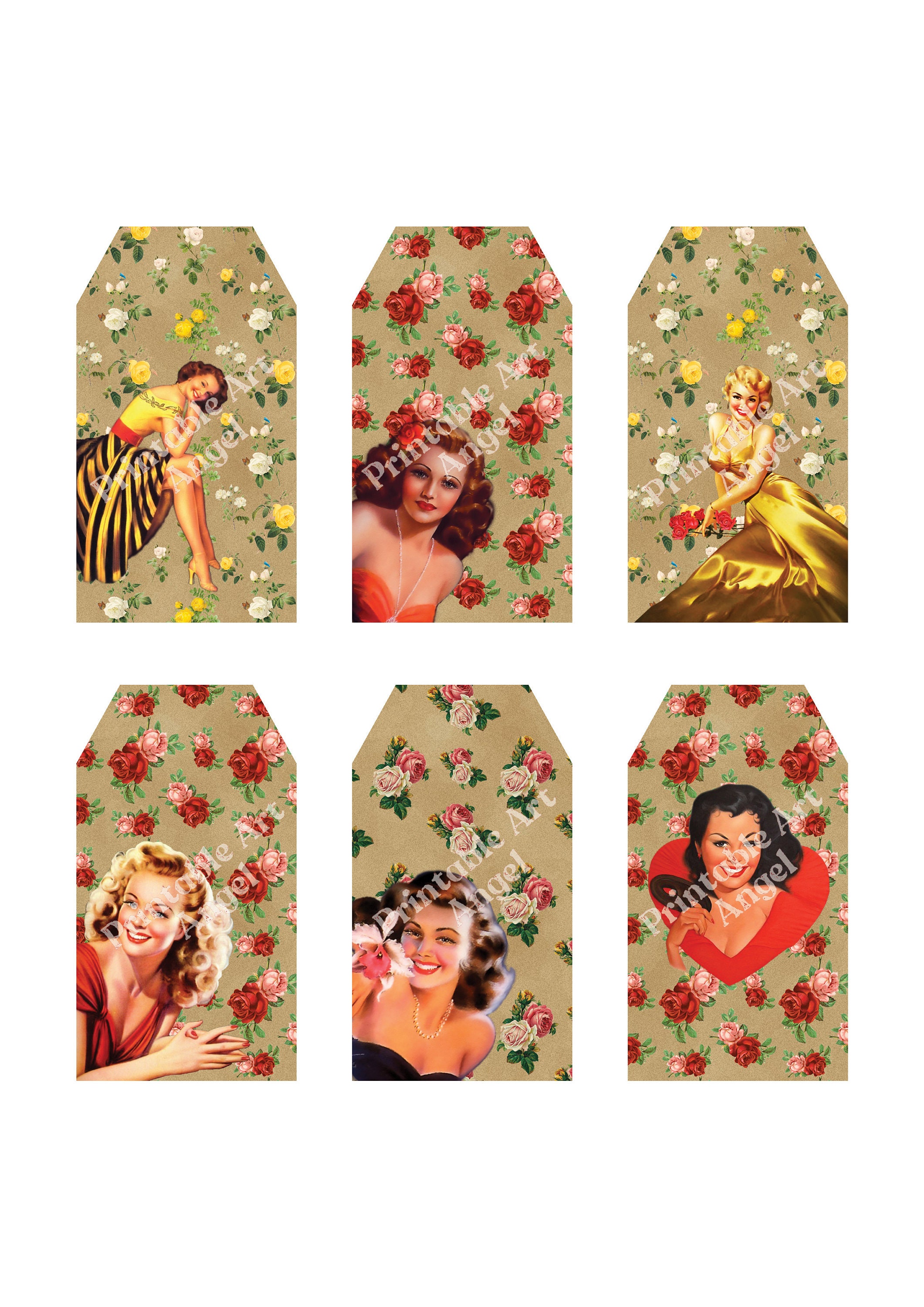 Vintage Printable Pin up Girls Tags, Set of 6 Hang Tags, Journal Tags ...