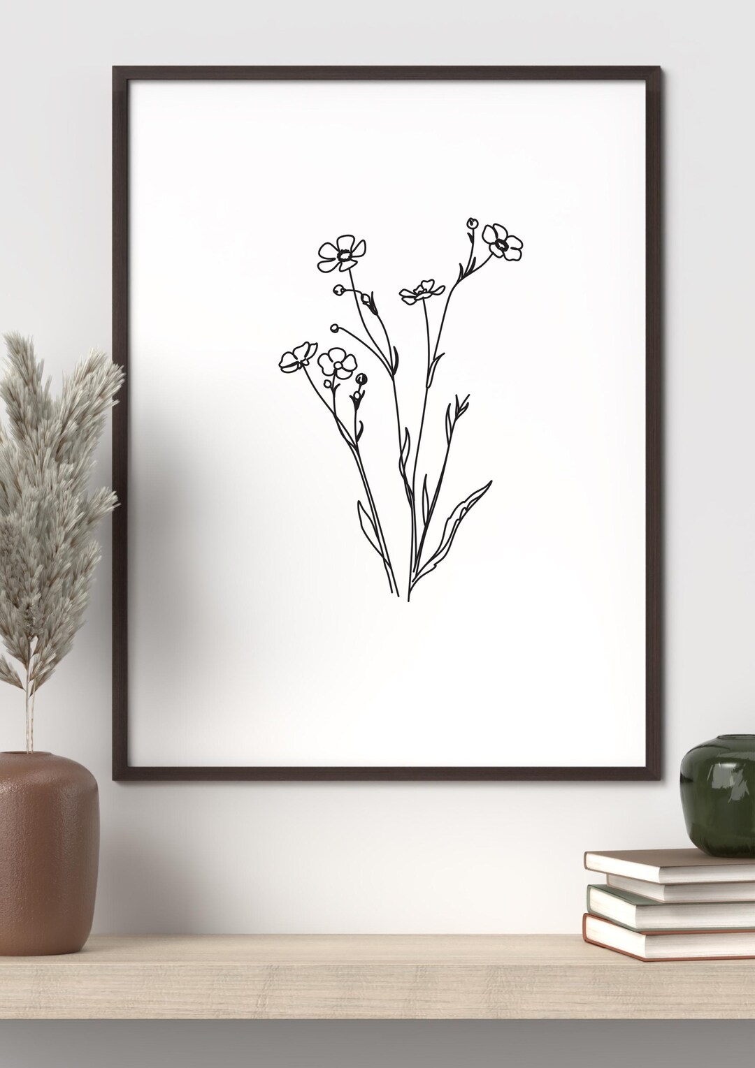 Minimalist Floral Line Art Print, Botanical Wildflower Drawing, Sage ...