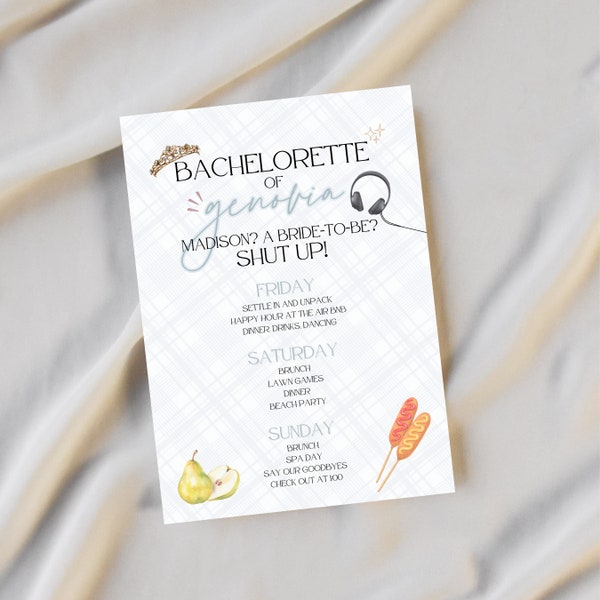 Bachelorette of Genovia Itinerary Digital Download  [Editable]