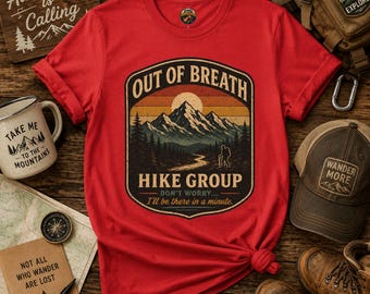 T-shirt Bergwandeling Buiten adem | Retro ontwerp met zonsondergangpieken