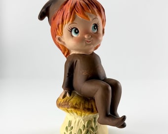 Vintage Figurine of Boy Sitting on Mushroom and Part of the "Little Folks" Collection
