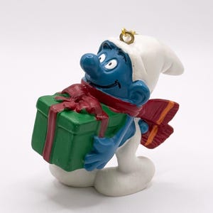 Vintage Christmas Smurf Ornament Holding Presents and Made by Peyo Schleich