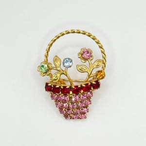 Vintage Brooch of a Spring Flower Basket with Rhinestones