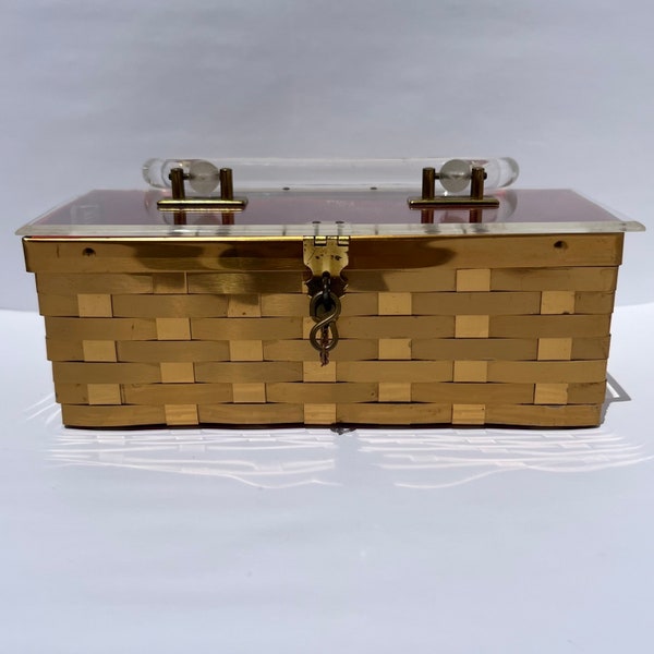 Vintage Metal Purse, Gold Tone Basketweave with Lucite Handle and Red Interior, by Dorset Rex Fifth Avenue.