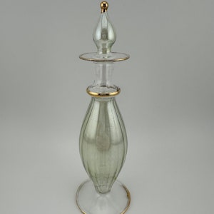 Vintage Perfume Bottle, Pale Green Glass, Hand Painted with Glass Dauber.