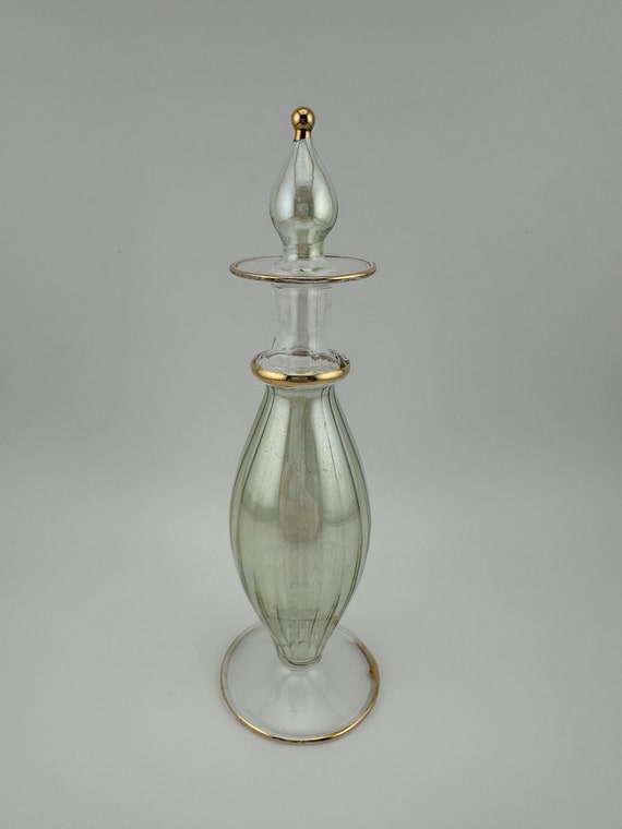 Vintage Perfume Bottle, Pale Green Glass, Hand Pai