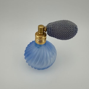 Vintage Perfume Bottle, Miniature, Blue Atomizer Bulb, Blue Frosted Glass, Twist Design.