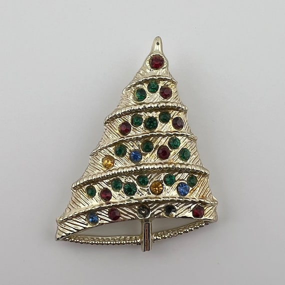 Vintage Brooch, Gold Tone Christmas Tree with Rhin