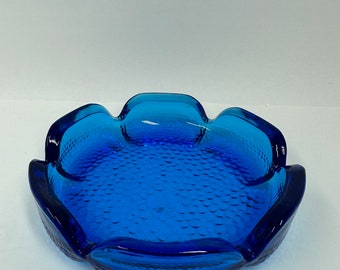 Vintage Blue Glass Ashtray, Flower Shaped by Blenko Art Glass.